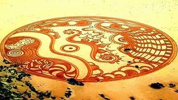 Émilie dessine avec ses pieds en marchant sur le sable, tout en s’aidant de bâton pour révéler des dessins complexes.